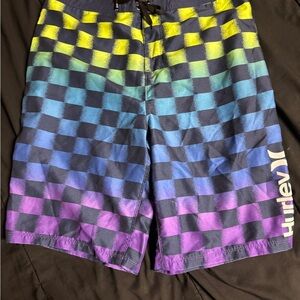Hurley Men's Checkered Blue and Purple Swim Shorts